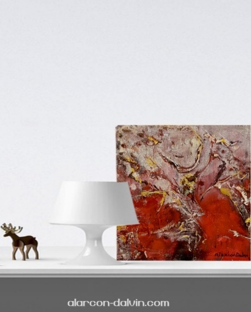 tableau abstrait carré rouge argent or décoration murale