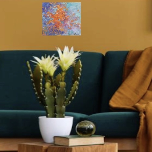 tableau abstrait peinture light orange bleu or décor mural artiste peintre Alarcon Dalvin