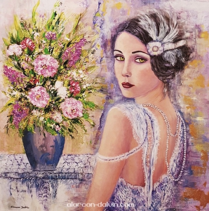 tableau impression sur toile à partir d'oeuvre d'artiste tirage d'art reproduction toile portrait peinture femme belle époque romantique au bouquet de fleurs rose et bleu romantique