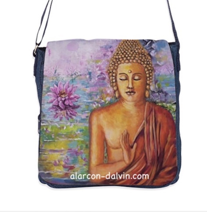 sac en jean bleu foncé rabat lavable bouddha zen tableau artiste peintre Alarcon Dalvin