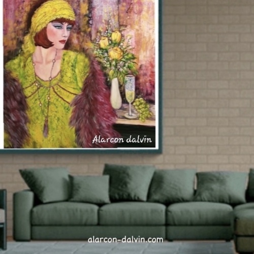 peinture tableau femme contemporain jaune vert
