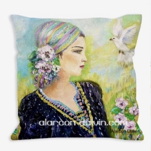 coussin femme a la colombe carré déhoussable double face turquoise rose jaune