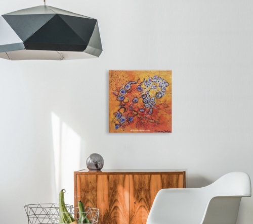 tableau abstrait orange argent format carré décor mural tableau peinture contemporain artiste peintre Alarcon Dalvin