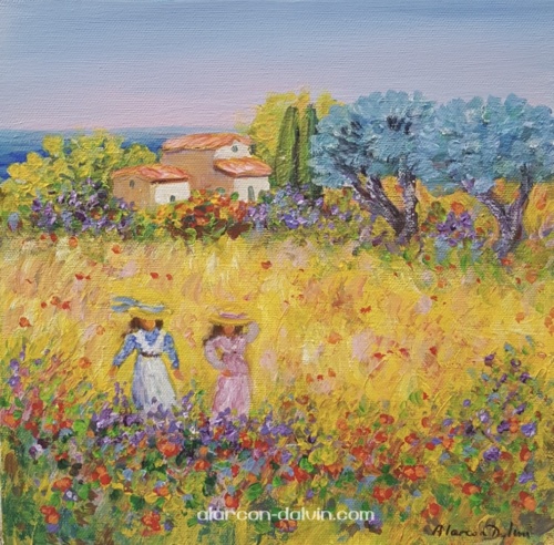 enfants courant dans champs en provence tableau peinture figuratif paysage