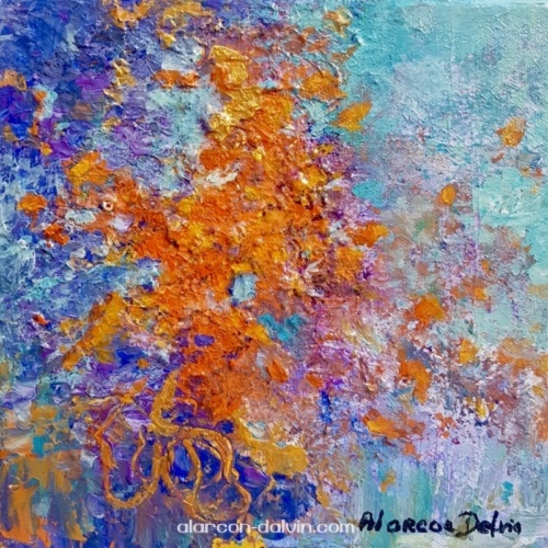 tableau coloré abstrait fait main   orange or bleu turquoise
