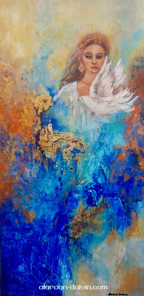 tableau peinture sur toile abstrait bleu orange or femme colombe artiste peintre alarcon dalvin