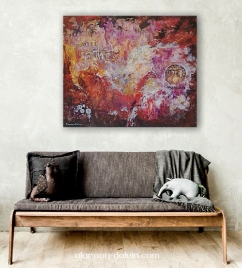 Tableau abstrait et moderne violet, touche de rouge et blanc 80x80cm