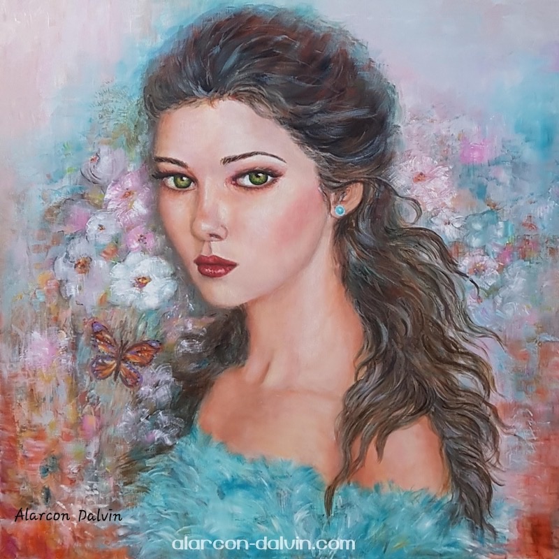 Tableau portrait sur toile femme peinture turquoise rose