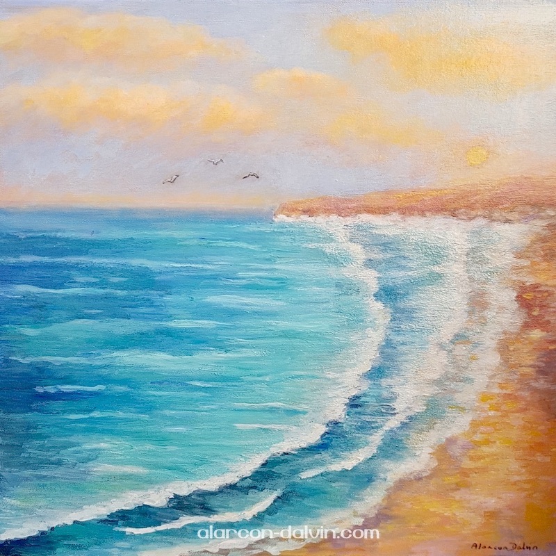 tableau figuratif vue sur la mer avec coucher de soleil