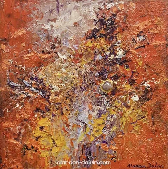 tableau abstrait terre du sud orange or format carré peint main peinture acrylique en relief artiste peintre Alarcon Dalvin