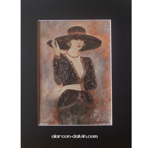 Peinture aquarelle moderne femme chapeau noir Haute Couture