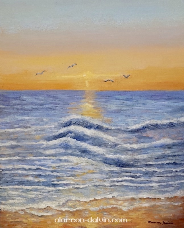 belle vue sur la mer avec un coucher de soleil tableau figuratif