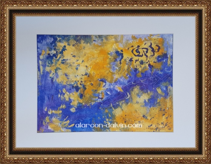 Été tableau aquarelle abstrait jaune bleu tableau peinture décoration murale peint main artiste Alarcon Dalvin