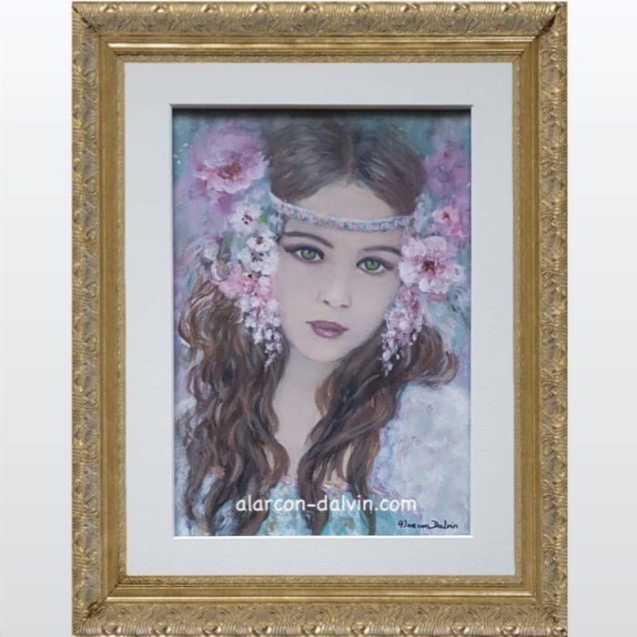Aquarelle romantique jeune fille fleurs rose turquoise blanc artiste peintre Alarcon Dalvin