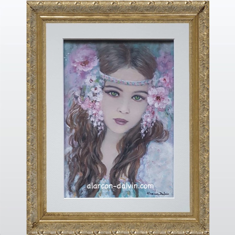 Aquarelle romantique portrait de jeune fille fleurs rose turquoise blanc artiste peintre Alarcon Dalvin