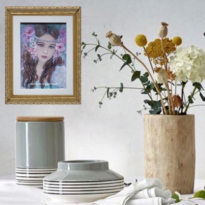 Fantaisie fleurie watercolor shabby frame gold romantic lady flowers turquoise pink