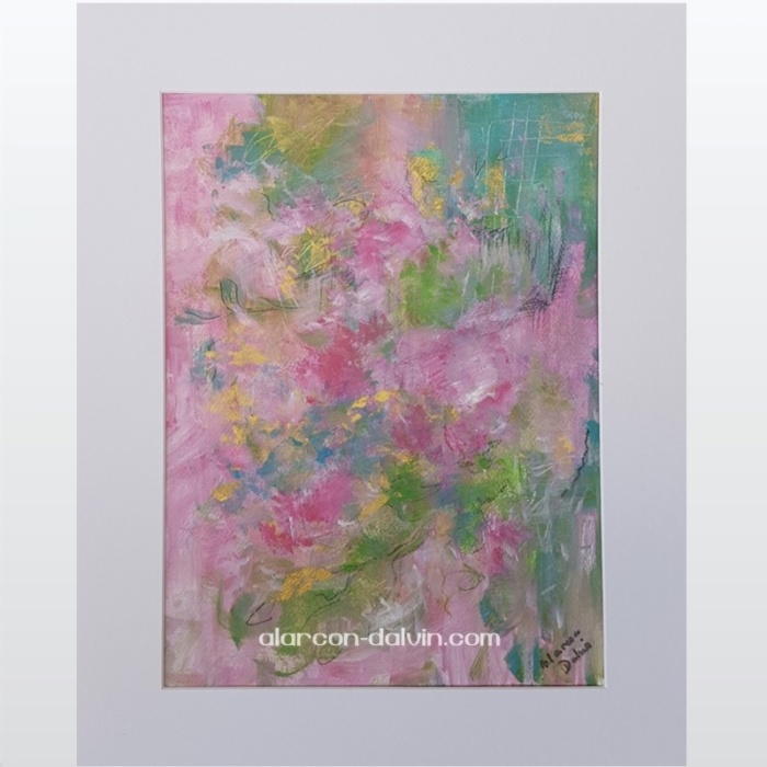tableau peinture abstrait contemporain oeuvre peinture abstraite aquarelle rose vert turquoise or