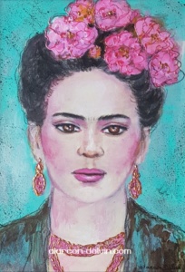 Frida Kahlo portrait peinture aquarelle turquoise rose oeuvre originale sur papier tableau visage femme