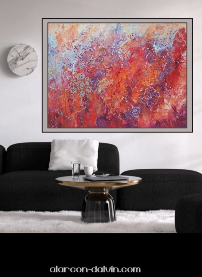 grand tableau peinture abstraite oeuvre art unique peinture acrylique sur toile rouge beige violet déco design