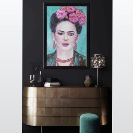 Frida Kahlo aquarelle oeuvre sur papier turquoise rose or unique moderne artiste peintre Alarcon Dalvin