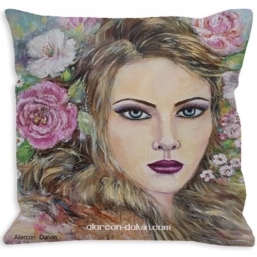 coussin polyester portrait femme Flora deux faces différentes déhoussable fermeture éclaire décoration canapé lit banquette création alarcon dalvin