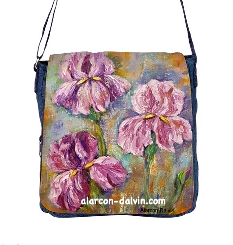 sac bandoulière en tissu jean bleu bandoulière motif fleurs iris création alarcon dalvin