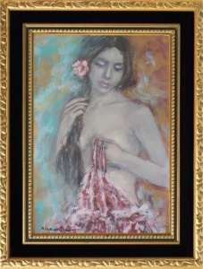 Tableau peinture aquarelle moderne originale femme turquoise or peint main artiste peintre Alarcon Dalvin