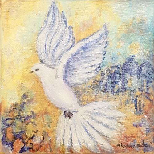 tableau peinture colombe de la paix tableau déco jaune bleu carré sur toile peint à la main