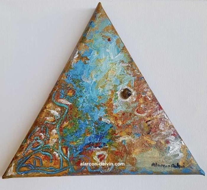 Peinture abstraite moderne bleu orange or argent triangulaire