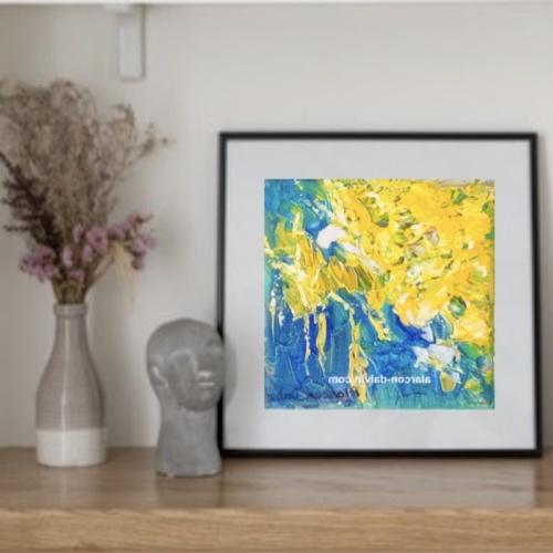 tableau abstrait jaune et bleu abstrait petit format carré