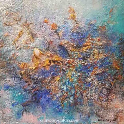 tableau abstrait bleu or turquoise moderne peint à la main artiste peintre Alarcon Dalvin