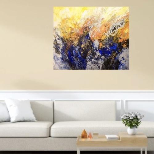 tableau abstrait jaune bleu moderne décoration murale peint à la main artiste peintre alarcon dalvin