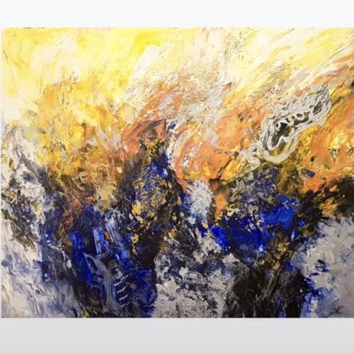 tableau abstrait jaune bleu peint a la main artiste peintre alarcon dalvin