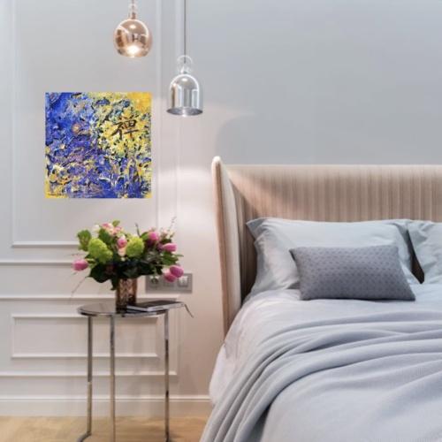 tableau abstrait moderne bleu jaune carré unique décoration murale artiste peintre Alarcon Dalvin.