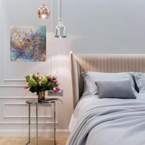 tableau abstrait moderne bleu argent or turquoise argent or décoration murale contemporain