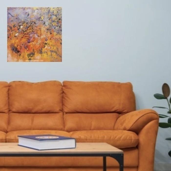 tableau abstrait orange gris argent violet or déco murale carréen artiste peintre Alarcon Dalvin