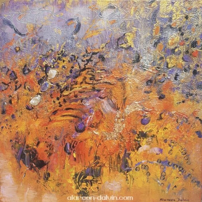 tableau abstrait orange gris argent violet or carré artiste peintre Alarcon Dalvin peint main
