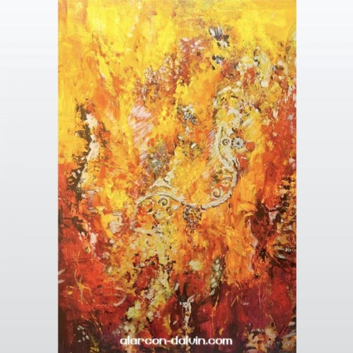 tableau abstrait orange jaune moderne peint main artiste peintre Alarcon Dalvin