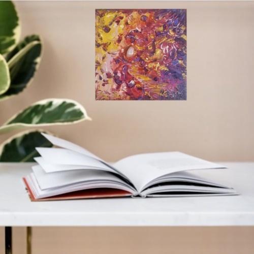 tableau abstrait rouge or jaune violet carré déco murale