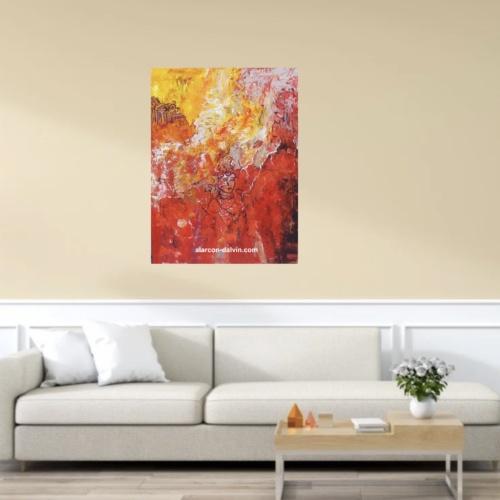 tableau abstrait rouge orange jaune peint main artiste peintre Alarcon Dalvin décoration murale
