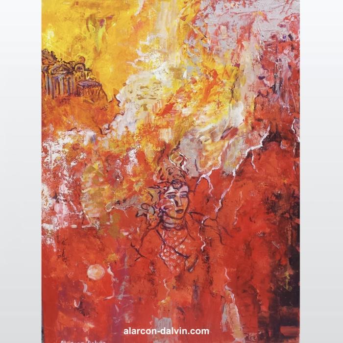 tableau abstrait rouge orange jaune peint main artiste peintre Alarcon Dalvin