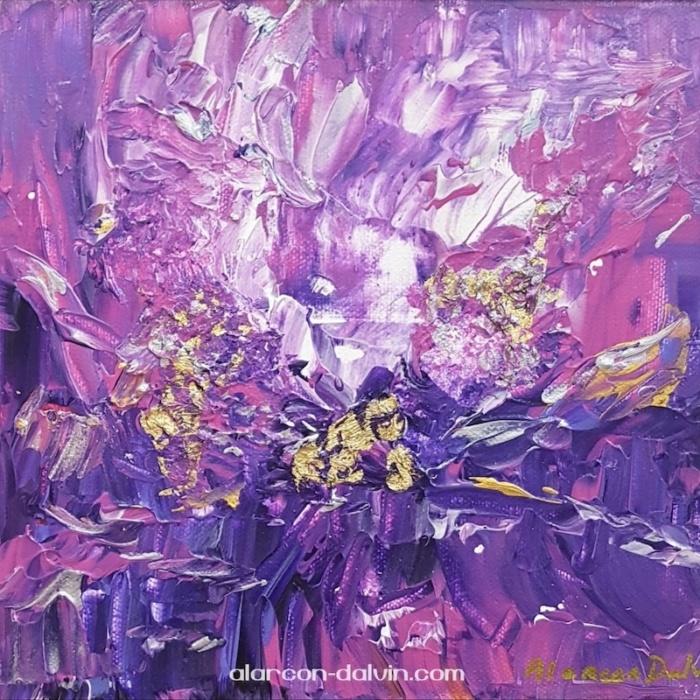 tableau abstrait violet rose or blanc mauve moderne unique carré peint à la main artiste peintre Alarcon Dalvin
