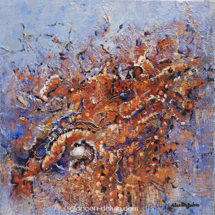 tableau coloré abstrait bleu orange or carré peint à la main artiste peintre Alarcon Dalvin