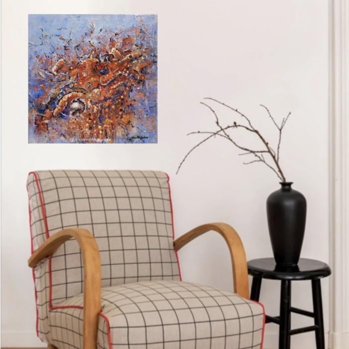 tableau coloré abstrait bleu orange or carré décoration murale peint à la main artiste peintre Alarcon Dalvin