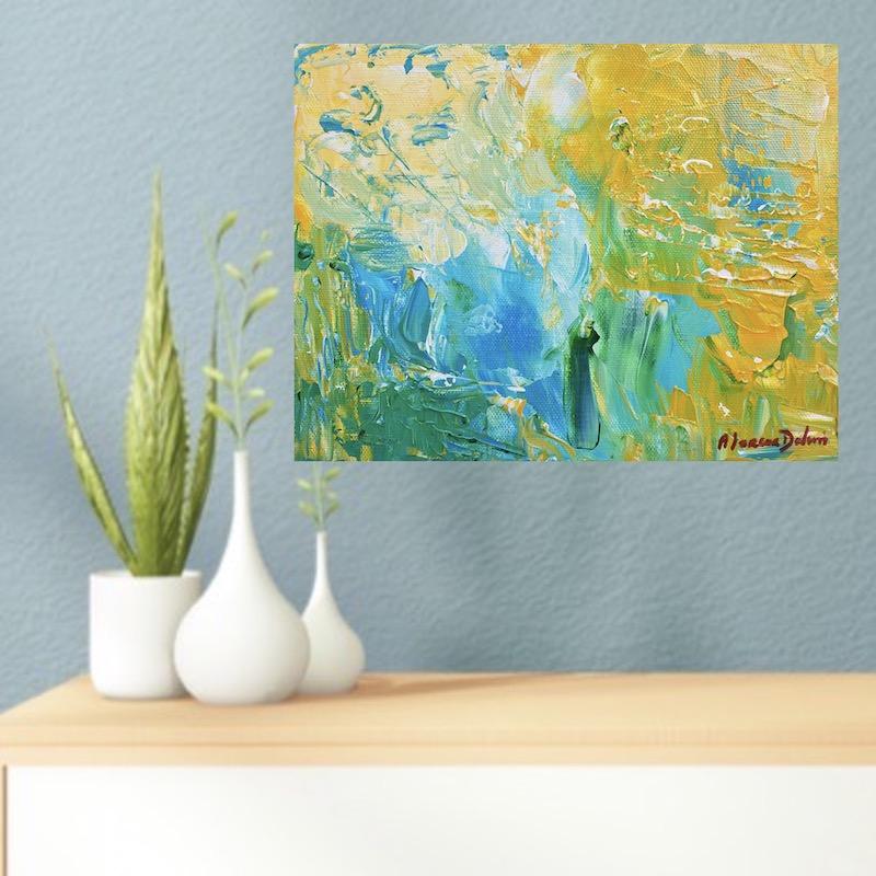 tableau peinture abstraite bleu turquoise jaune artiste peintre Alarcon Dalvin