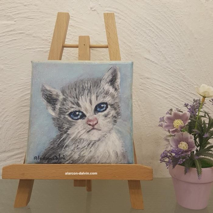 tableau peinture chat moderne gris blanc bleu décoration peint main artiste peintre Alarcon Dalvin