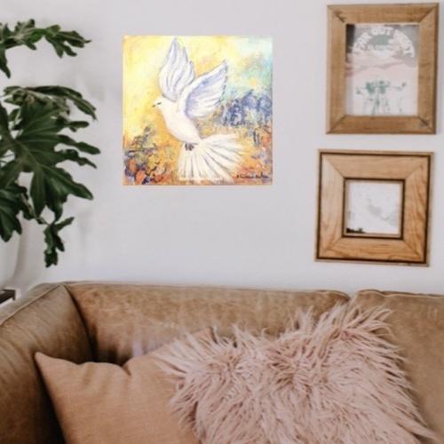 tableau peinture colombe de la paix fait main jaune bleu orange