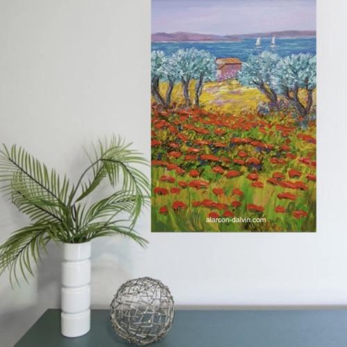tableau peinture Provence champ de coquelicots peint main artiste peintre Alarcon Dalvin