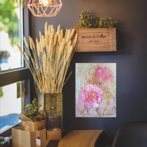 peinture acrylique fleurs abstraites roses turquoise unique artiste peintre ALARCON DALVIN