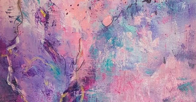 tableau abstrait bleu rose or peint main artiste peintre Alarcon Dalvin